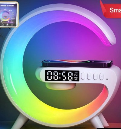 Smart Alarm Clock with G-Shape RGB Light Bluetooth Speaker – Wireless Charging for Bedroom, Living Room & Game Room (1 Pc)
