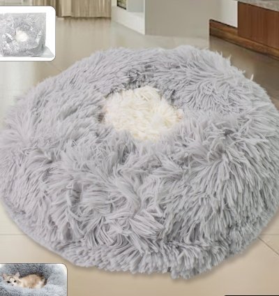 Calming Dog Bed & Cat Bed – Fluffy Round Bed with Attached Blanket, Perfect for Small & Medium Dogs and Cats